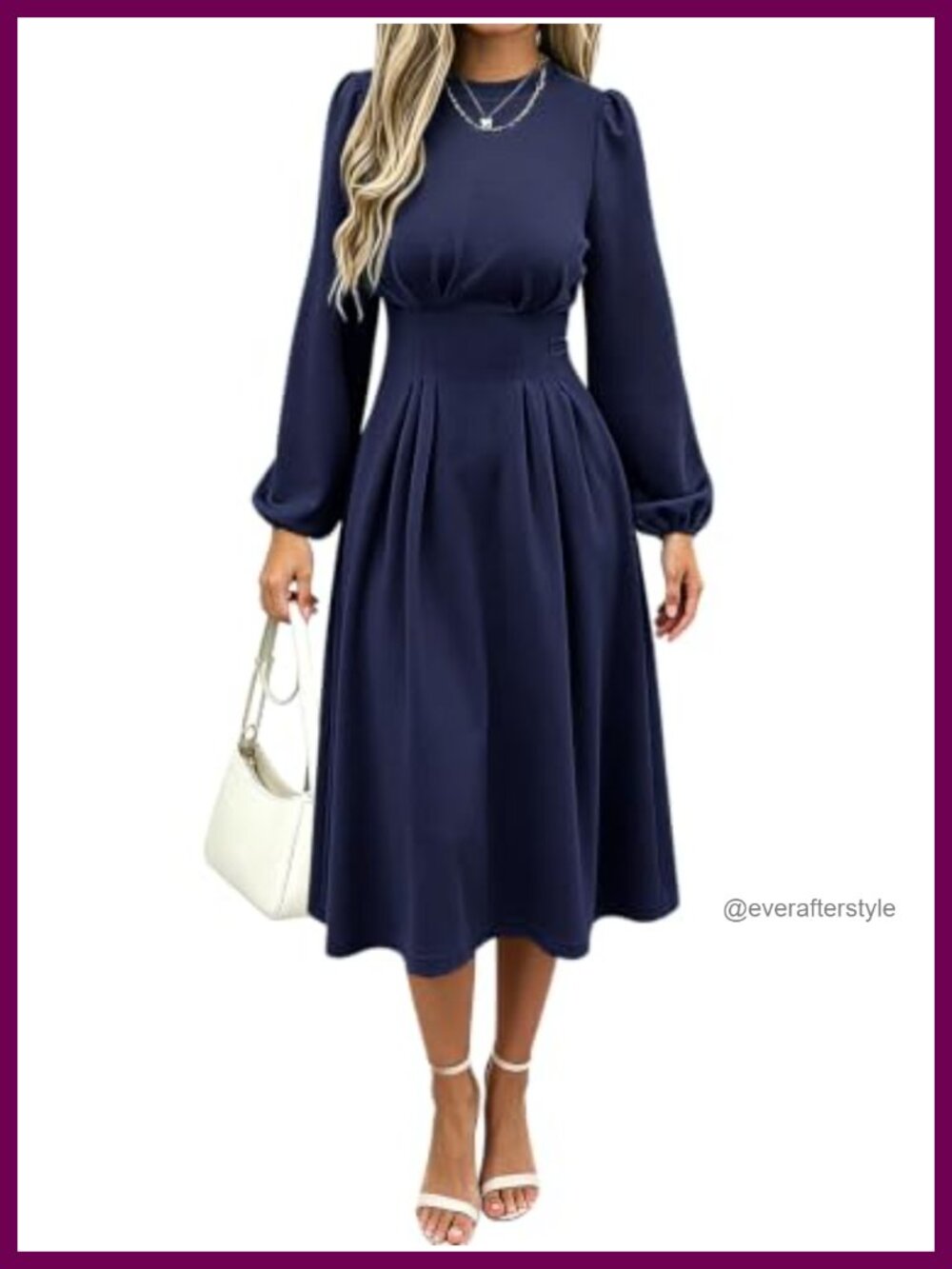 Lantern Sleeve A Line Midi Dress Work Casual Ruched Waist Stretch Rayon Blend